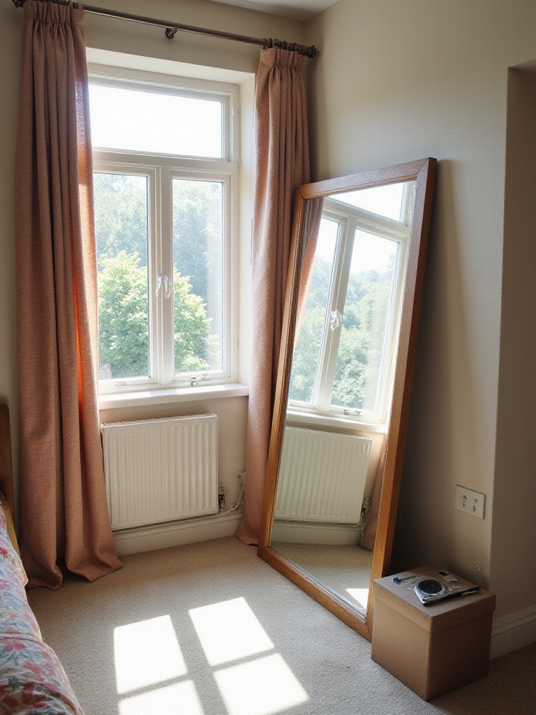 Small bedroom with full-length mirror reflecting natural light and creating depth.