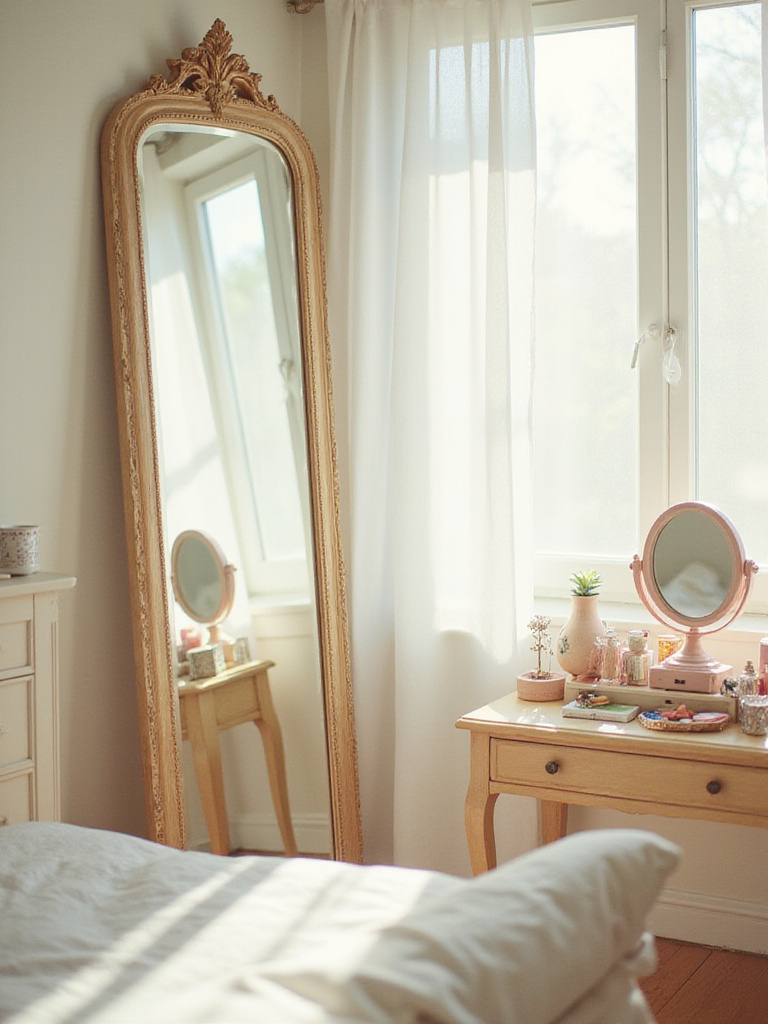 Pastel bedroom with large ornate mirror reflecting light and creating a spacious feel.