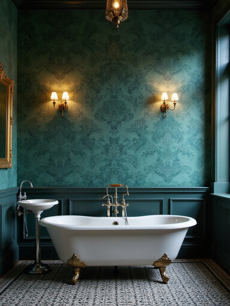 Vintage bathroom with deep emerald and sapphire jewel-toned damask wallpaper, featuring a white clawfoot tub and pedestal sink.