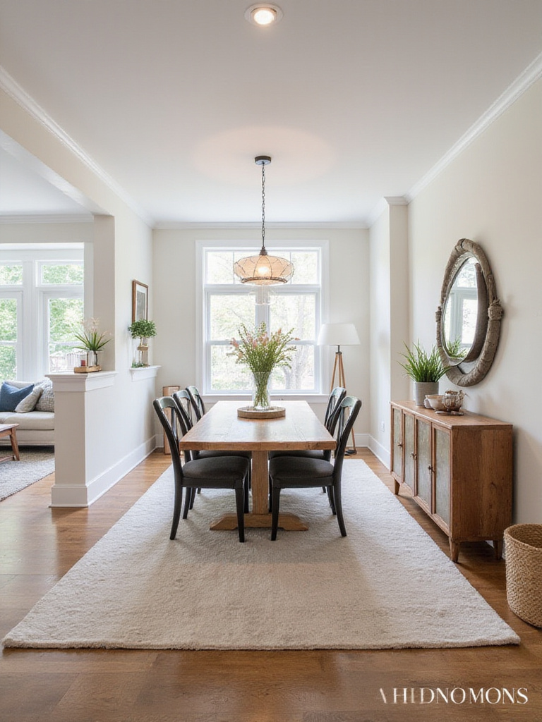 A dining zone clearly defined in an open concept layout using an area rug and distinct lighting to create visual boundaries for pets and humans.