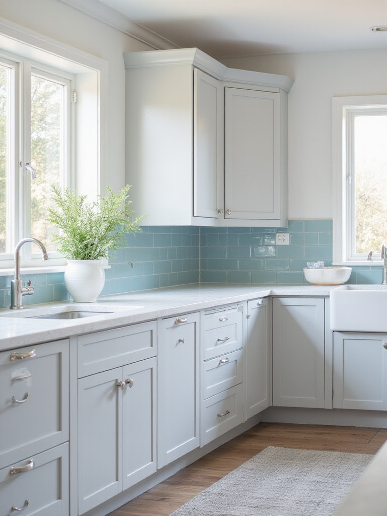 A stunning kitchen with a cohesive color palette featuring gray cabinets and blue accents.