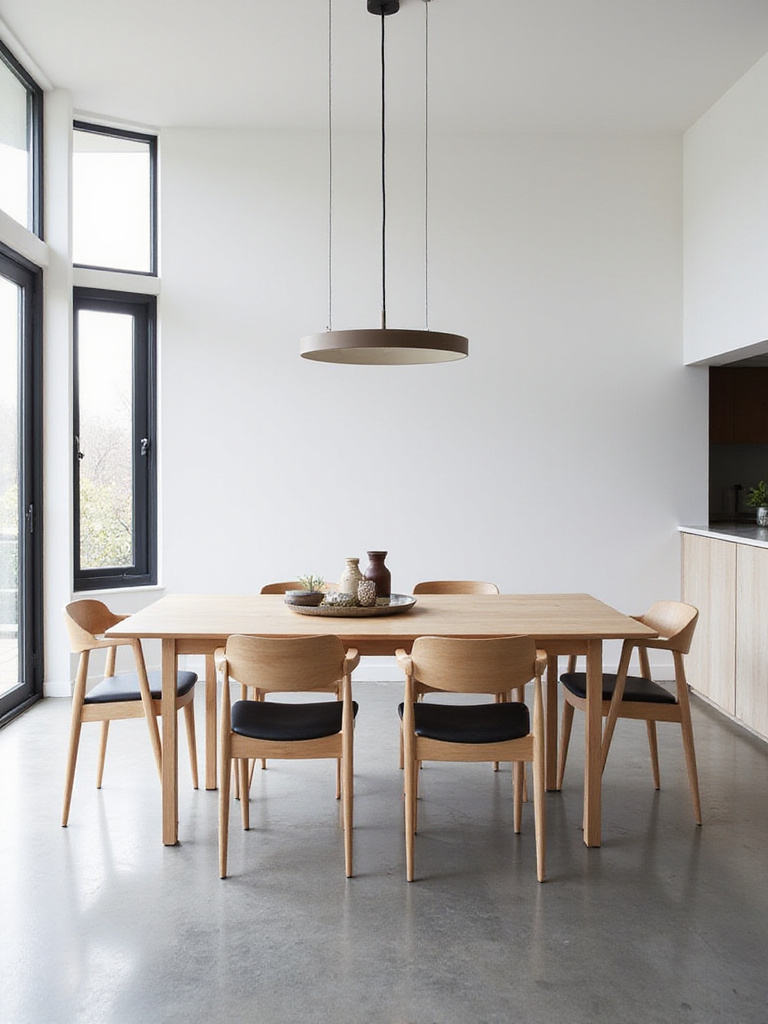 Modern dining room with a minimalist dining table and natural lighting.