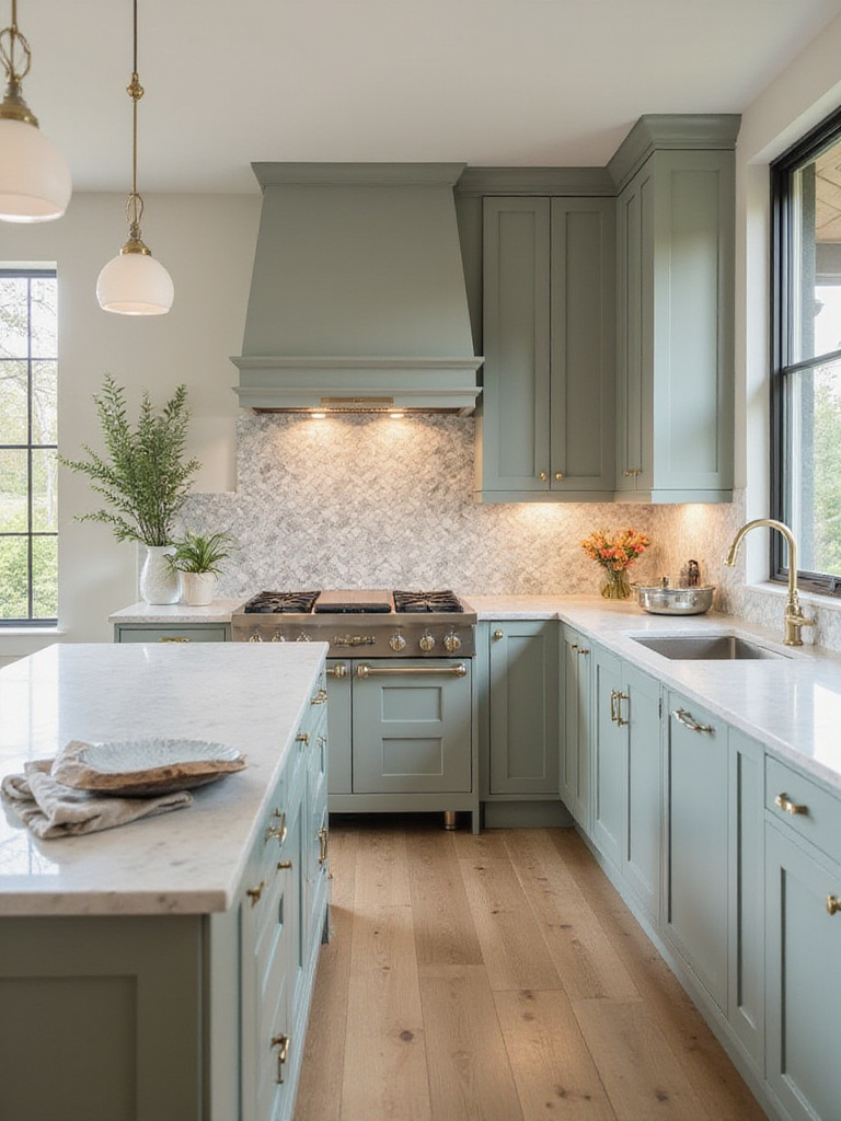 Modern kitchen with sage green cabinets, white quartz countertops, geometric tile backsplash, and light wood flooring, illustrating a cohesive color palette.