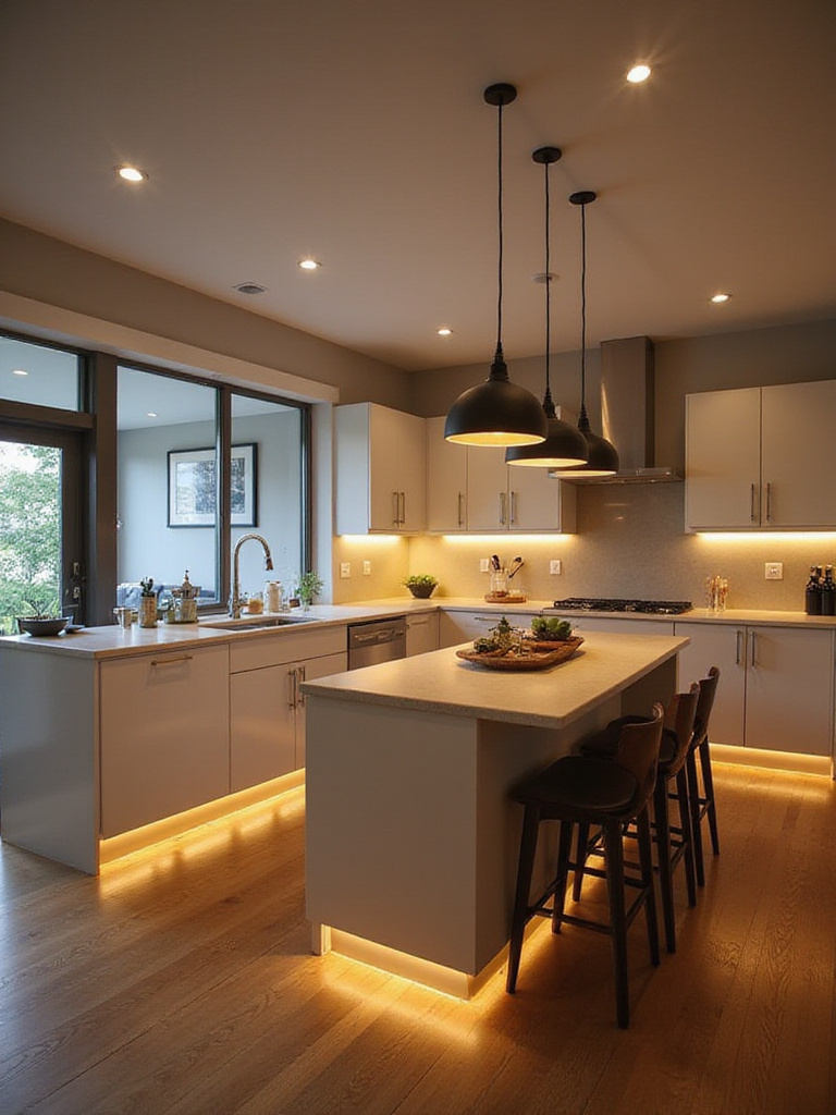 Modern kitchen with layered lighting design featuring ambient, task, and accent lights.