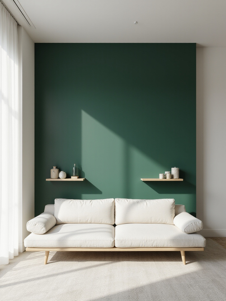 Modern living room with deep forest green painted accent wall behind a sofa, adding depth and focal point.