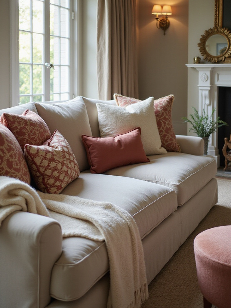 Luxury living room with designer decorative pillows and cashmere throw on sofa