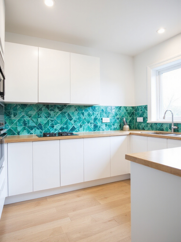 Modern kitchen with a vibrant turquoise and green geometric backsplash
