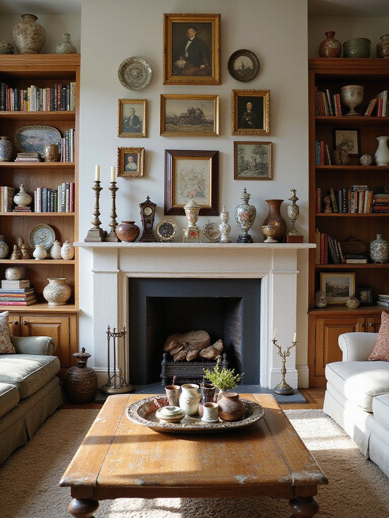 An eclectic living room filled with displayed collections and personal treasures on shelves, walls, and tables, creating a warm and personalized space.