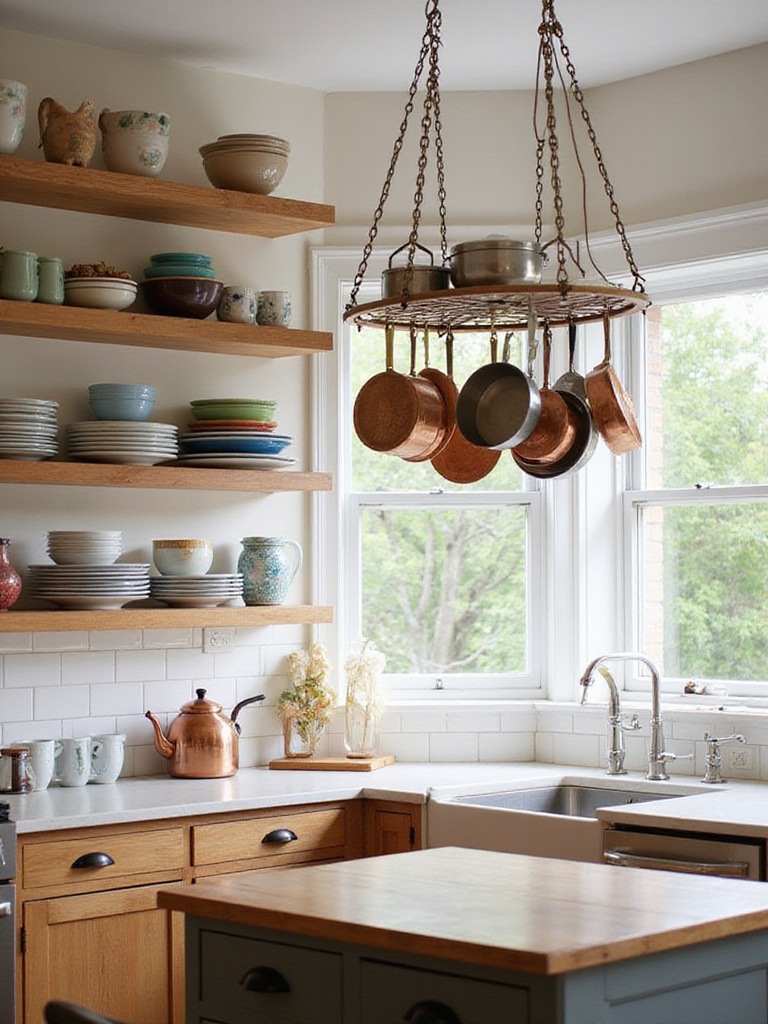 Kitchen with open shelving displaying colorful bowls and plates, and a ceiling pot rack holding copper and stainless steel cookware above a wooden island.
