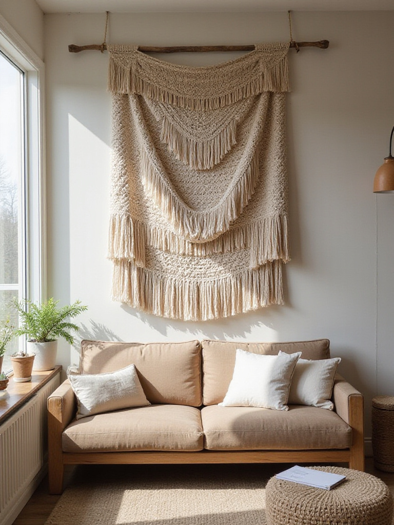 Large textured textile wall hanging above sofa in modern living room, adding warmth and texture.