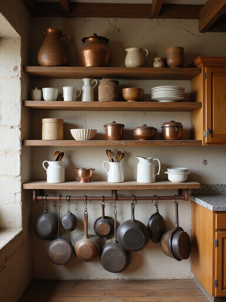 Rustic kitchen wall displaying vintage cookware and utensils on open wooden shelves and a hanging pot rack. Features aged copper pots, cast iron skillets, enamelware, and wooden spoons.