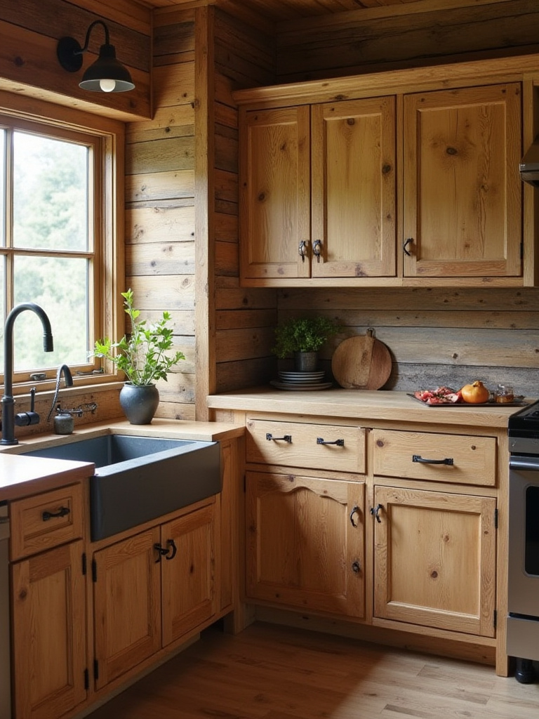 Rustic kitchen featuring cabinetry made from distressed or reclaimed wood, showcasing aged textures and unique character.