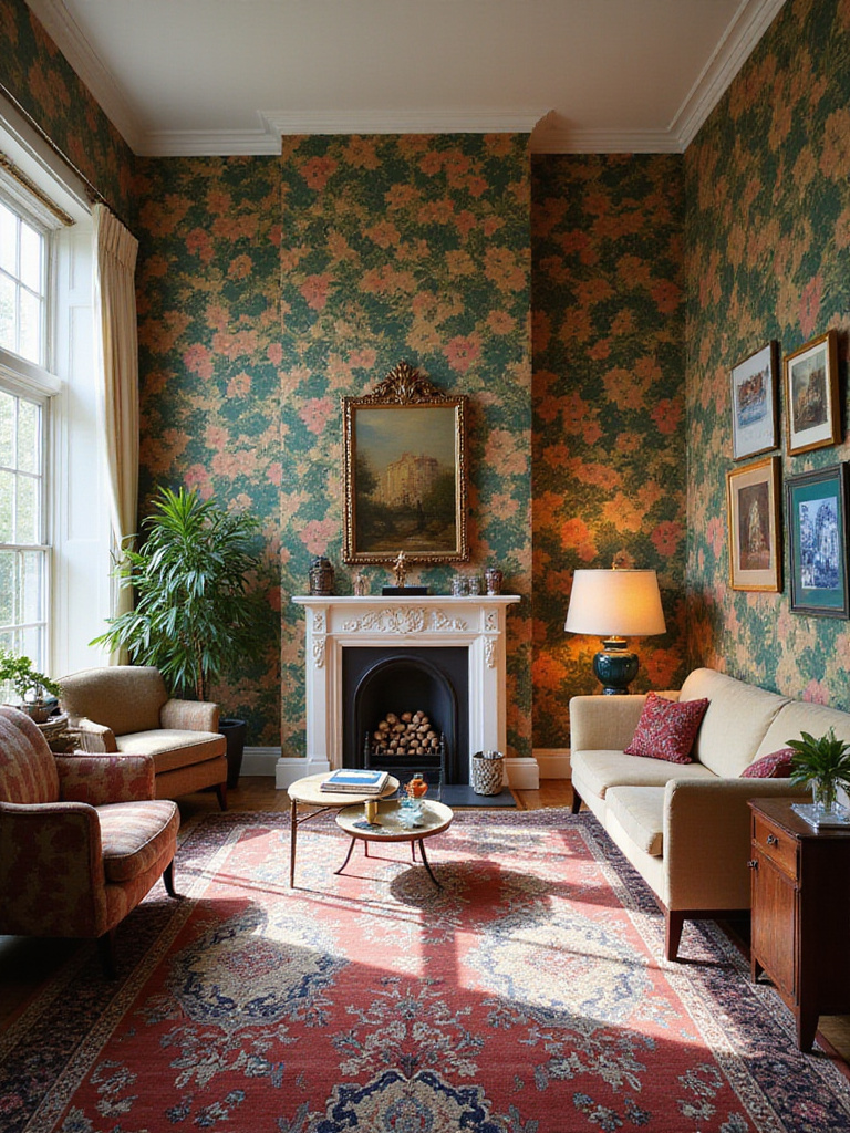 An eclectic living room featuring a bold, large-scale botanical wallpaper on an accent wall behind a collection of mixed furniture styles and layered rugs.