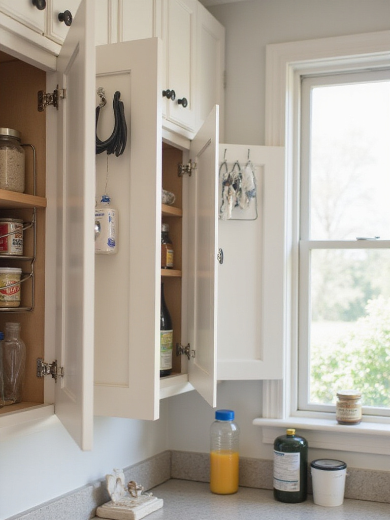 Kitchen cabinet doors open, revealing various organizers attached to the inside, holding spices, wraps, and cleaning supplies, demonstrating efficient use of vertical storage space.
