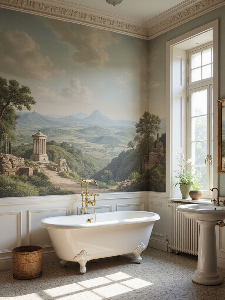 Luxurious vintage bathroom with a dramatic panoramic wallpaper mural featuring a classical European landscape with ruins in muted tones, alongside a clawfoot tub and brass fixtures.