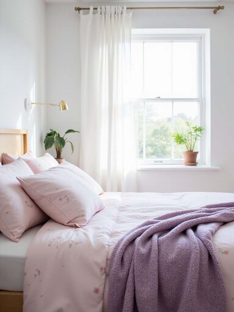 Dreamy bedroom bedding set with pastel pink floral print and lavender throw.