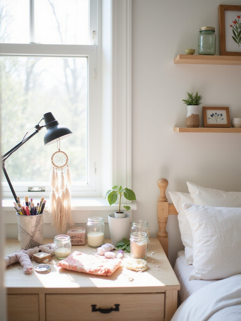Cozy bedroom with DIY crafting supplies and handmade decor, showcasing a personalized touch.