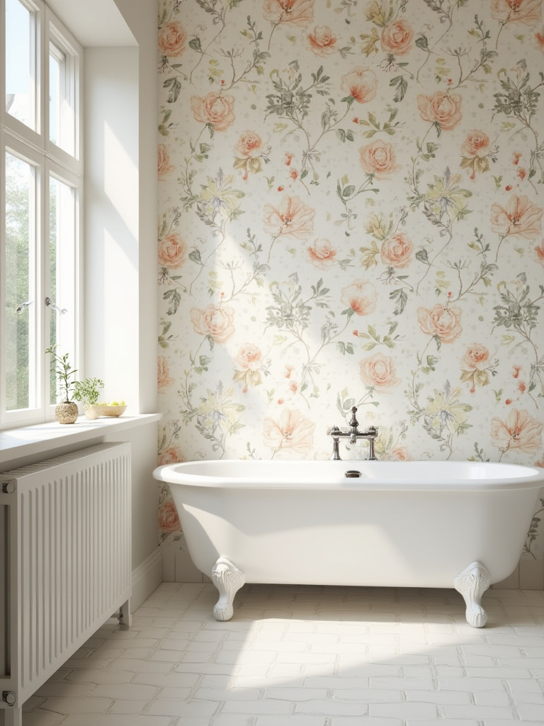 Bathroom with vintage floral removable wallpaper on an accent wall.
