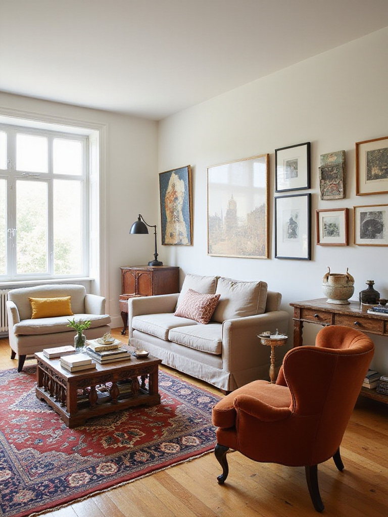 Living room featuring a mix of furniture styles, including a modern sofa, vintage coffee table, traditional armchair, and antique rug, unified by a cohesive color palette and warm lighting.
