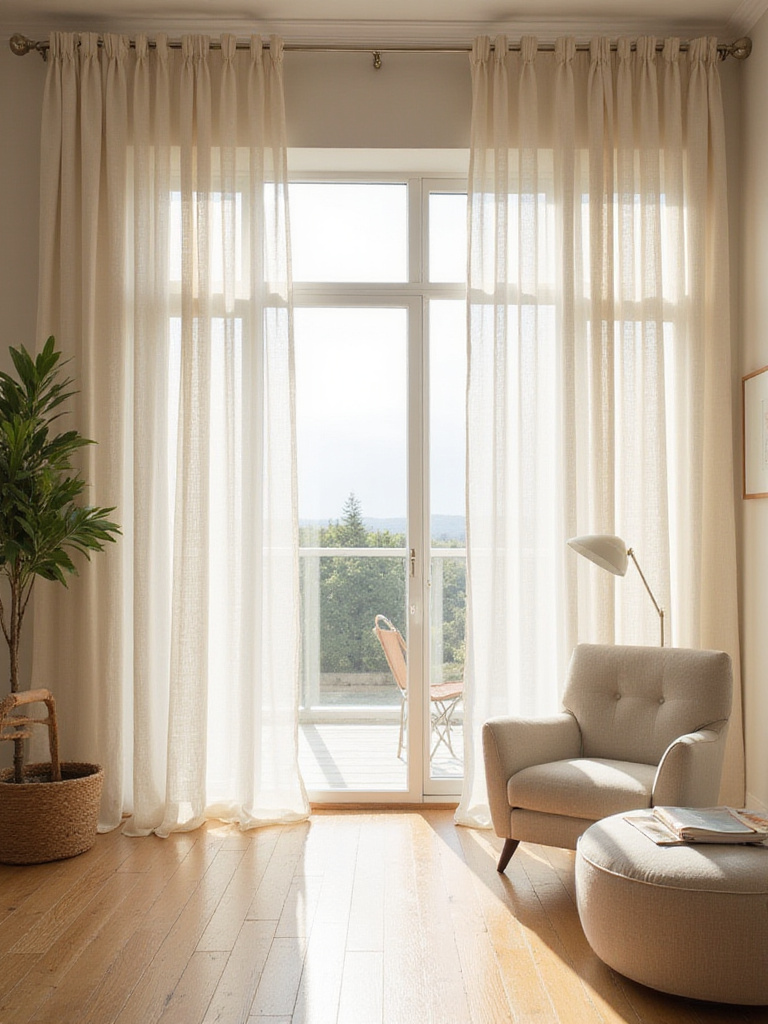 Elegant floor-to-ceiling linen curtains in a modern living room