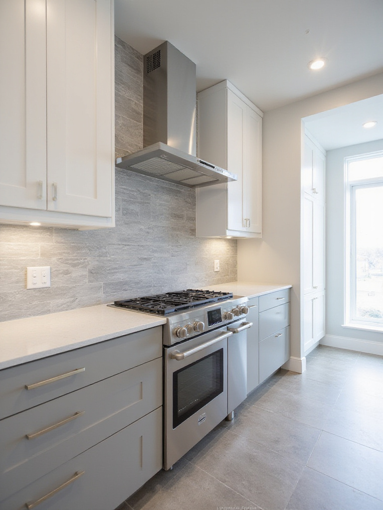 Modern kitchen featuring a dramatic floor-to-ceiling gray porcelain tile backsplash behind a stainless steel range, extending from the white countertop to the ceiling.