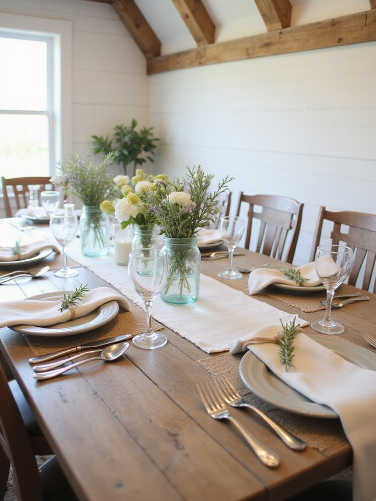 Farmhouse dining table setting with linen, burlap, stoneware, and wildflowers.