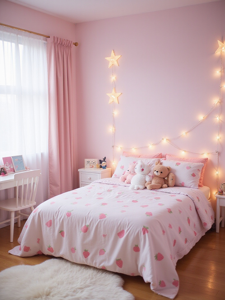 Kawaii bedroom decor with pastel colors, animal plushies, and food-themed bedding.