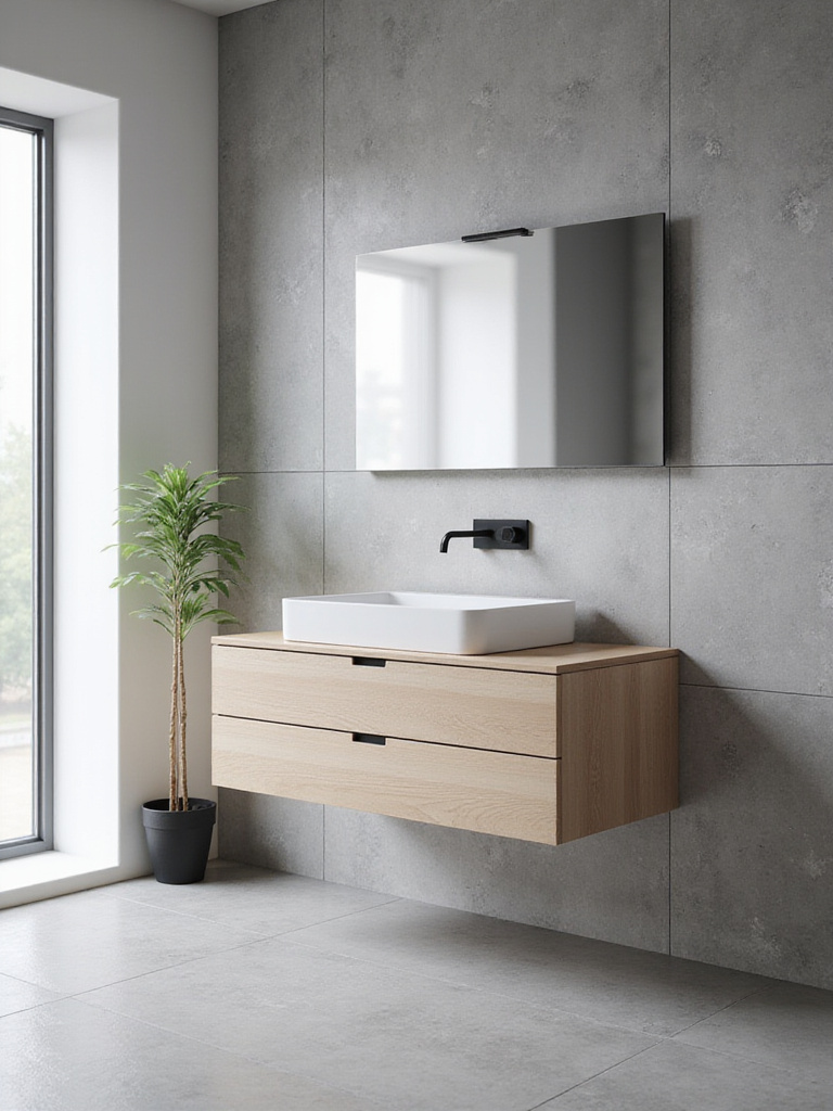 Modern minimalist bathroom featuring a light wood floating vanity with an integrated white sink and wall-mounted faucet, set against large format grey tiles.