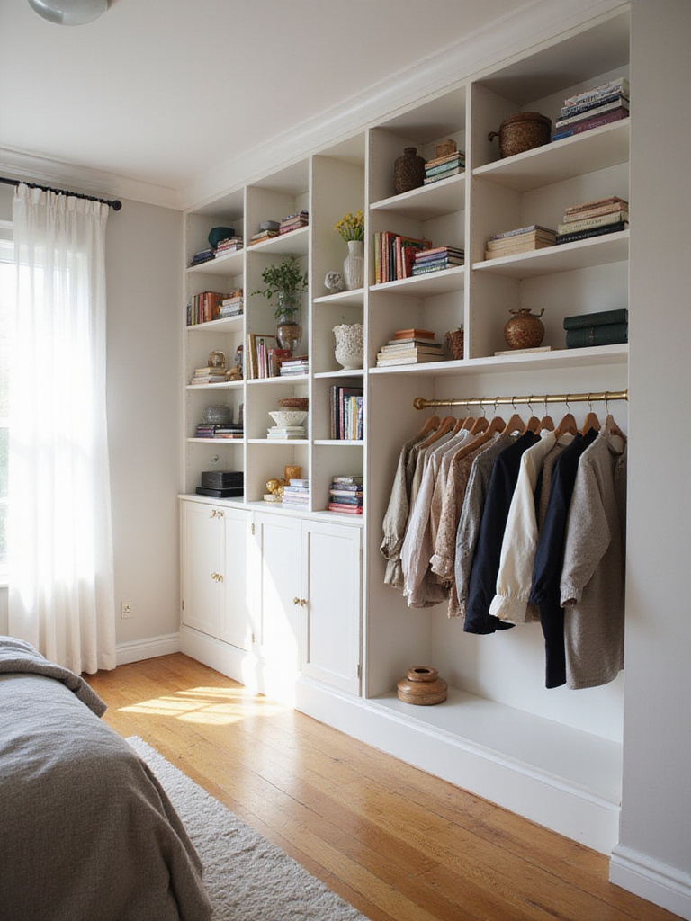 Small bedroom with floor-to-ceiling shelving for vertical storage.