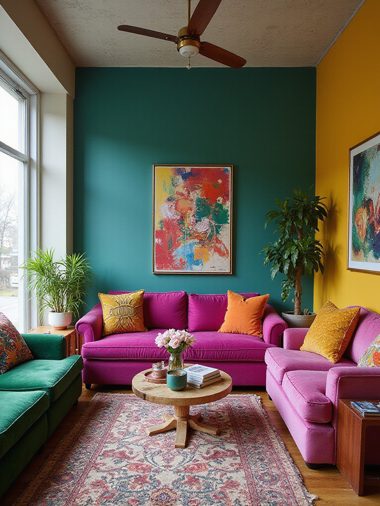 A vibrant eclectic living room featuring a bold and unconventional color palette. Deep teal and mustard yellow walls surround furniture in hot pink and emerald green velvet, layered with colorful, patterned textiles. The space is filled with curated art and objects under bright natural light.