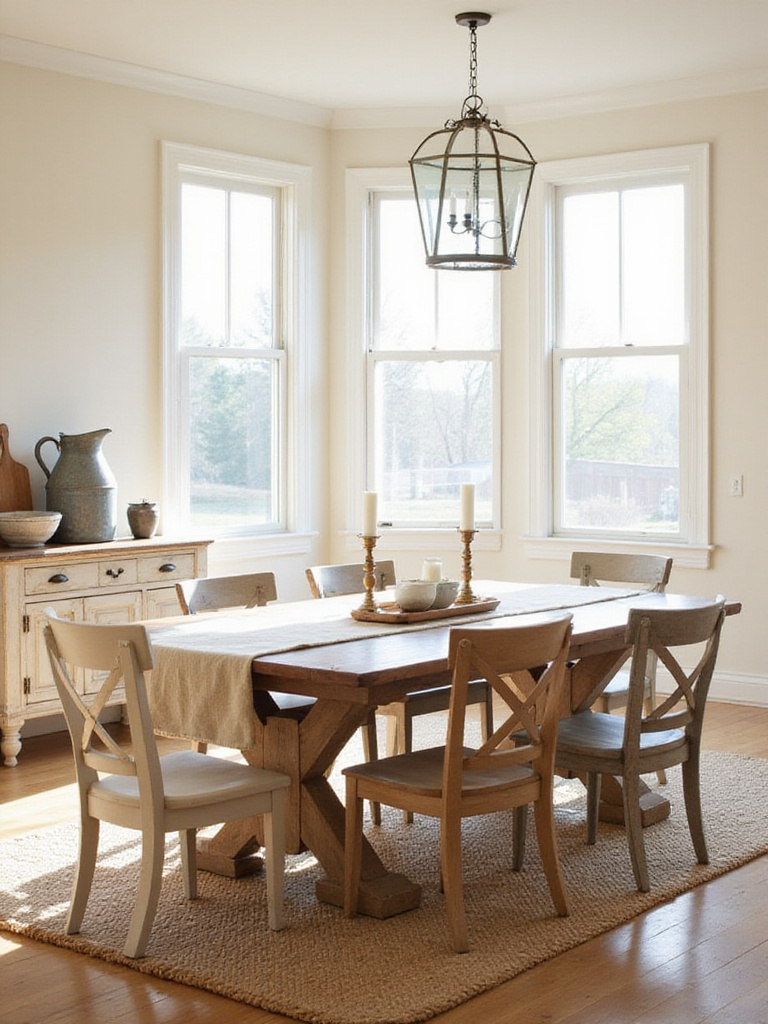 Farmhouse dining room with neutral color palette, featuring white walls, wooden table, and linen accents.