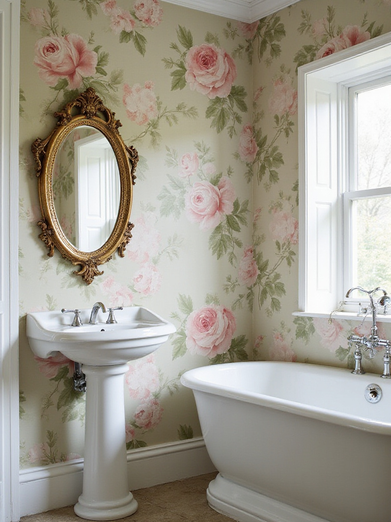 Vintage bathroom with classic floral rose wallpaper, white pedestal sink, and antique mirror.
