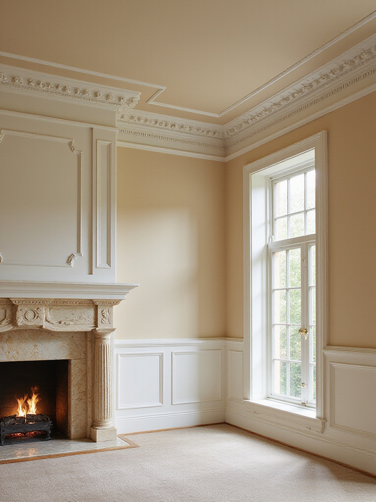 Luxurious living room with enhanced crown molding, wainscoting, and a marble fireplace.