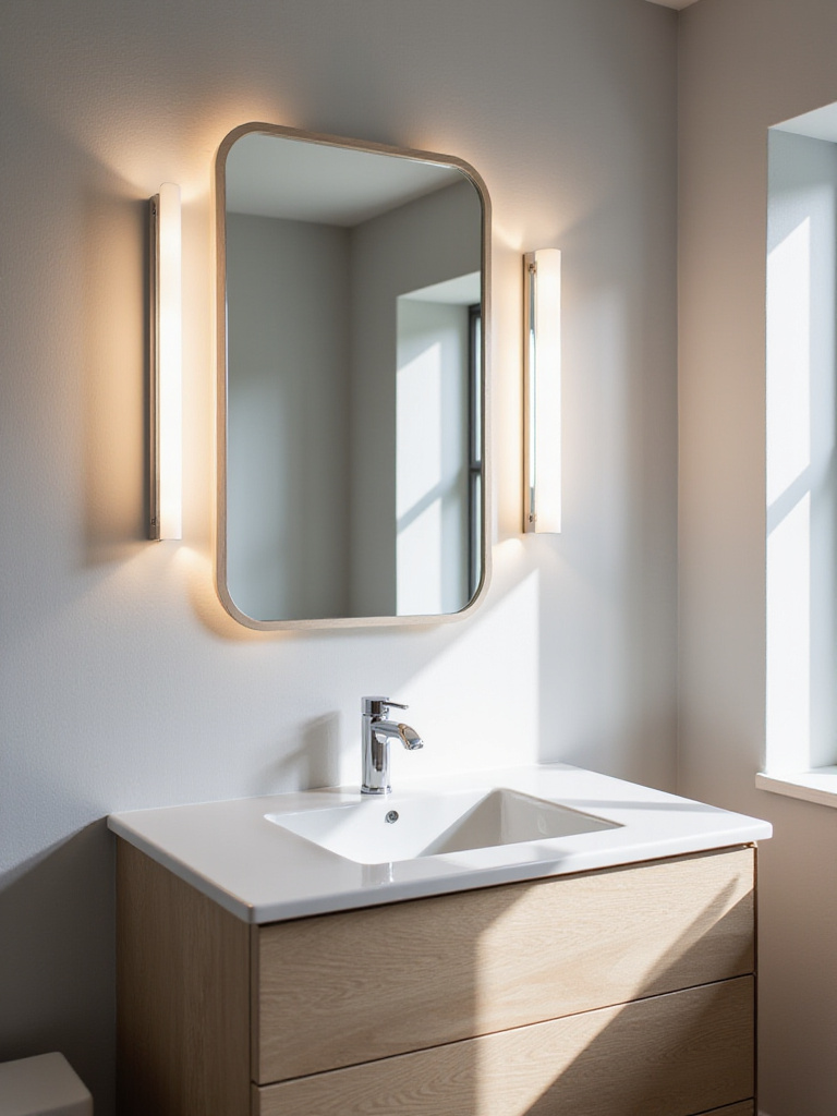 Modern bathroom vanity with flanking LED sconces providing ample task lighting for grooming.