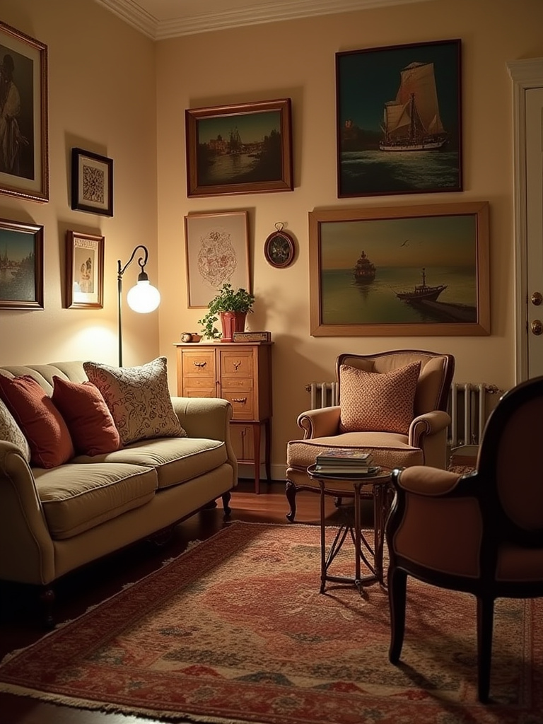 A comfortable and stylish eclectic living room featuring layered rugs, plush seating with throws and pillows, mixed furniture styles, and warm ambient lighting.