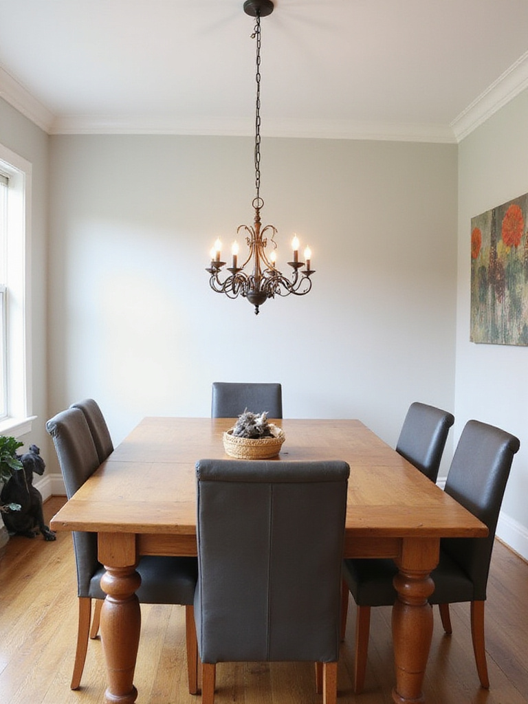 A chandelier hanging at the correct and secure height of 30-36 inches above a dining table, ensuring pet safety and aesthetic appeal.