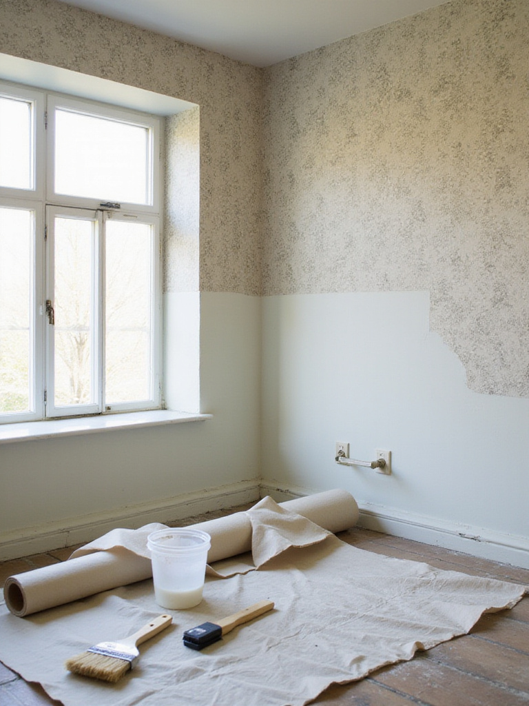 Vintage style floral wallpaper being installed in a bathroom, showing tools and materials on the floor.
