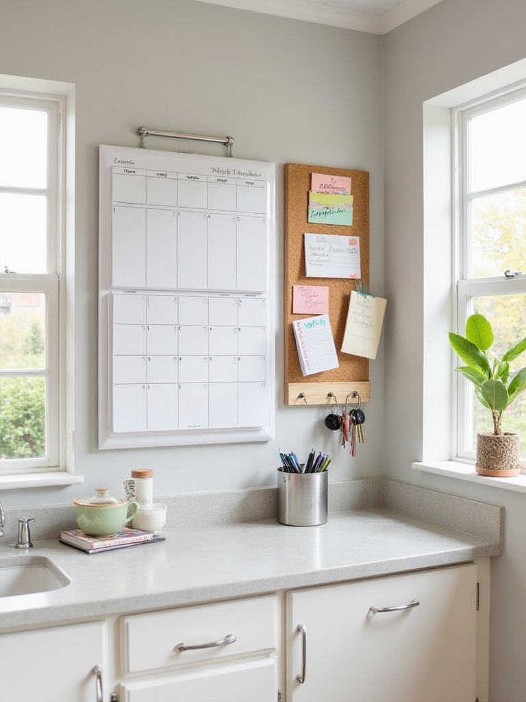 Organized kitchen command center area on a wall featuring a calendar, mail sorters, bulletin board, pen holder, and key hooks.