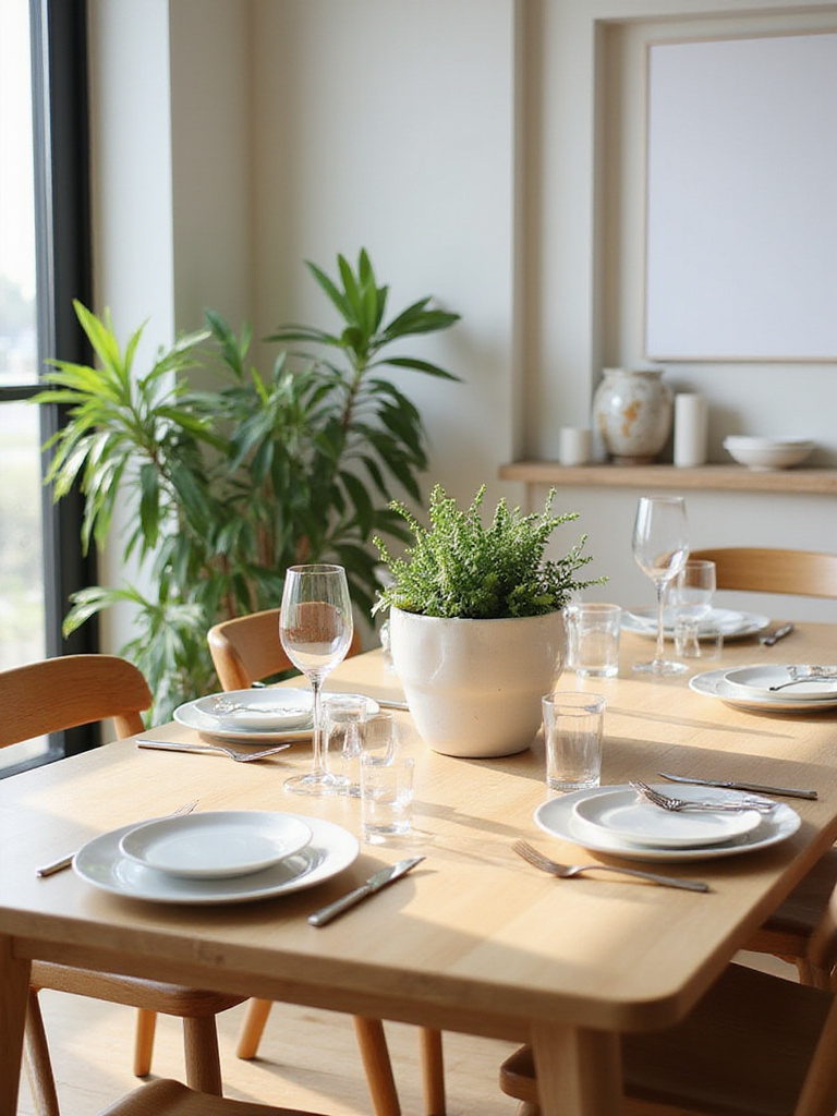 Modern dining table set in a well-lit dining room with minimalist design.