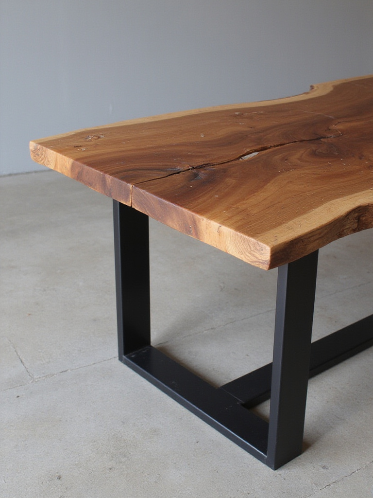 Modern dining table with live-edge wood top and black steel legs