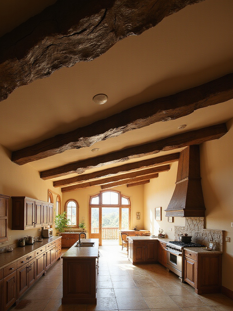 Rustic kitchen with prominent dark exposed wooden beams across a light ceiling, showcasing traditional design elements.