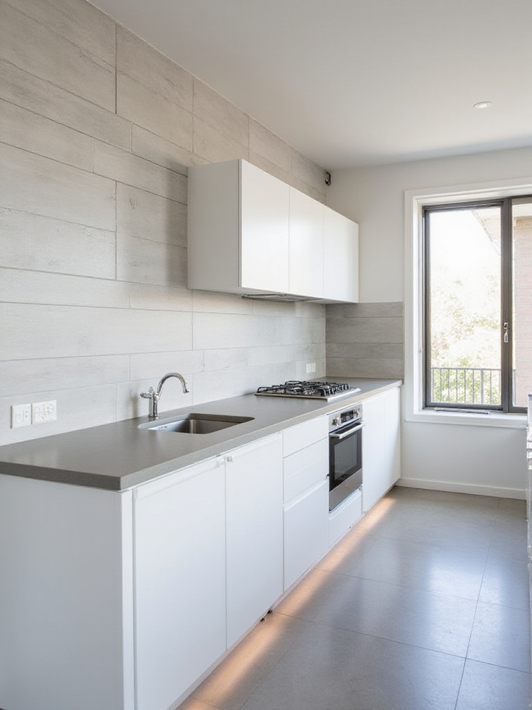 Modern kitchen with a large format tile backsplash extended from the countertop to the ceiling behind the range, creating a striking vertical design element.