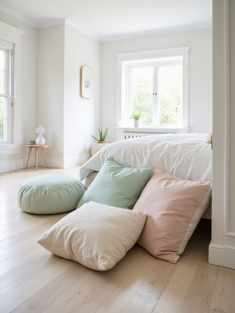 Cozy bedroom corner with pastel floor pillows and pouf for extra seating.