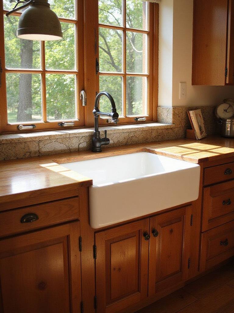 White fireclay apron-front sink in a rustic kitchen with wood countertops and stone backsplash.