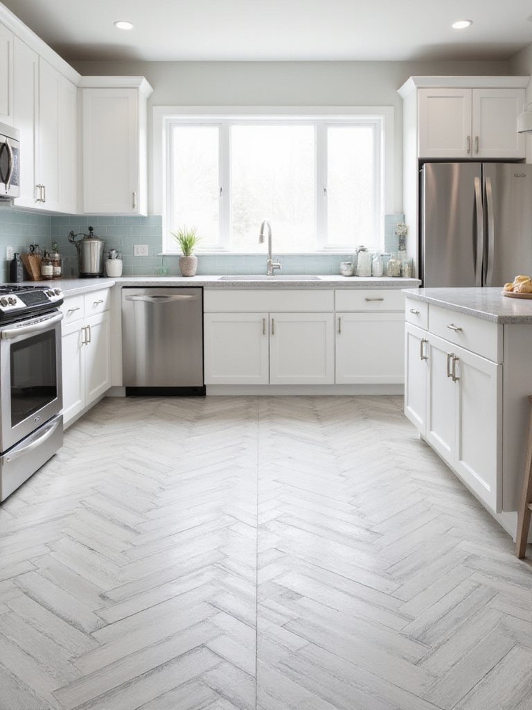 Modern kitchen with herringbone pattern porcelain tile flooring