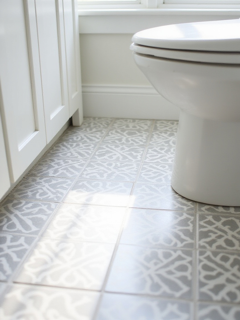 Budget bathroom makeover featuring a floor covered in modern patterned peel-and-stick vinyl tiles next to a white vanity and toilet.