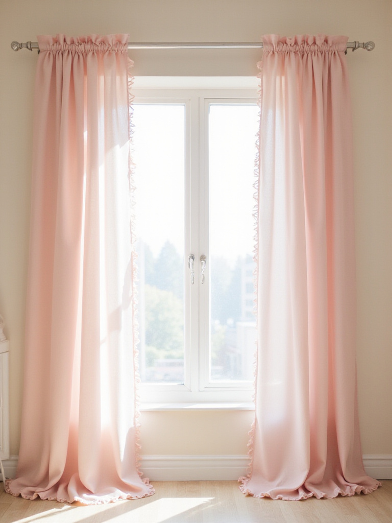Light pink ruffled curtains framing a window in a cute bedroom.