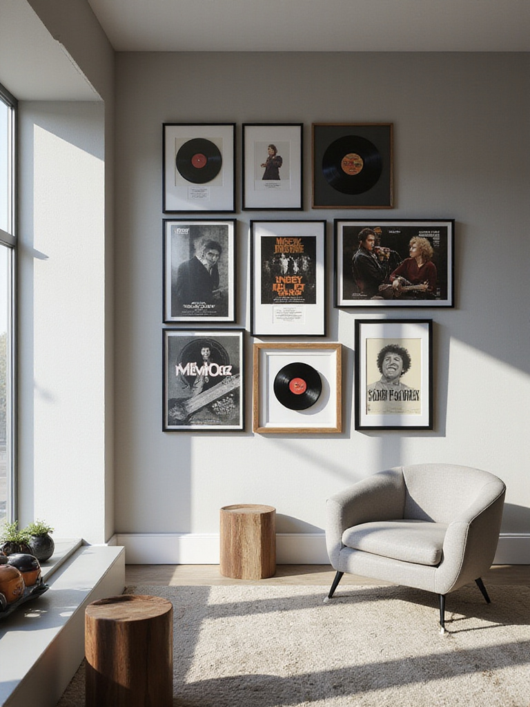 Modern living room wall decor featuring a gallery display of framed vinyl records and movie posters.