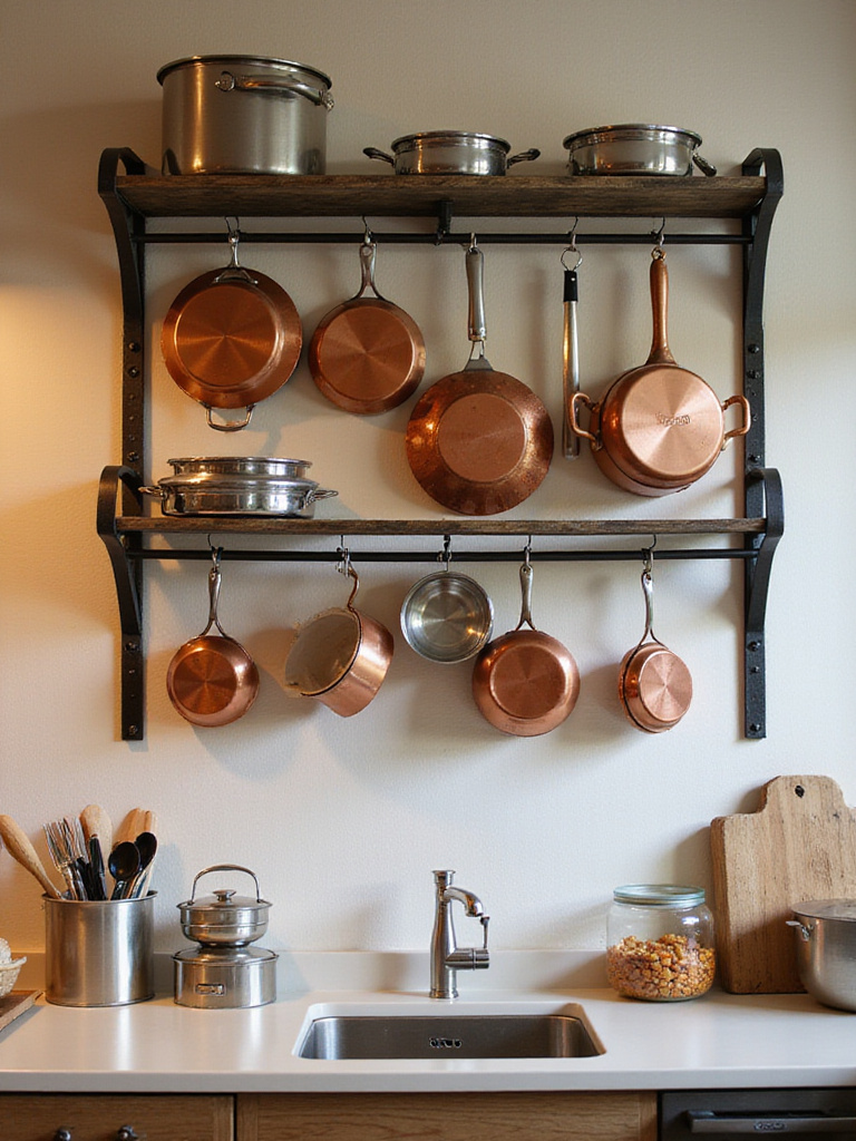 Stylish dark metal wall-mounted pot rack holding copper and stainless steel cookware, freeing up kitchen cabinet space.