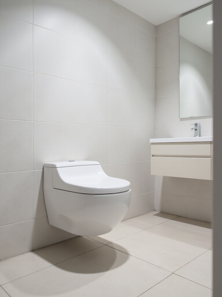 A small modern bathroom featuring a white wall-mounted toilet floating above a tiled floor, demonstrating space-saving design.